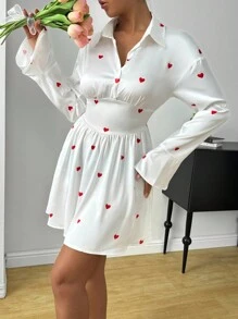 Chiquease Heart Print Flounce Sleeve Shirt Dress For Holiday