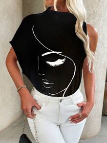 EMERY ROSE 针织立领不对称袖印花白色女式T恤 印花T恤 女式上衣 - 黑色 - 查看 4