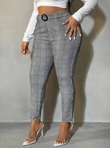 SHEIN SXY Plus Size Women's Houndstooth Pattern Slim Fit Versatile Suit Pants