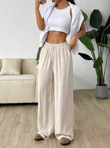 SHEIN EZwear Apricot Woven Wide Leg Casual Pants For Women
