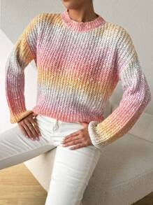 SHEIN Essnce Autumn Sweet Gradient Pink Sweater Women Loose Short Pullover Slouchy Striped Top - Multicolor - View 5