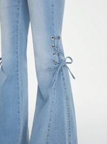Kawaii Jeans con pierna acampanada y cordones laterales para mujer, para uso diario y escuela - Lavado ligero - Ver 4