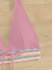 SHEIN Swim Women's Summer Beach Wave Striped Halter Neck Tie Bikini Set, With Separated Bikini Set