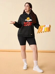 Gudetama X SHEIN Plus Size Casual Letter And Cartoon Egg Print Drop Shoulder Sweatshirt - Black - View 5
