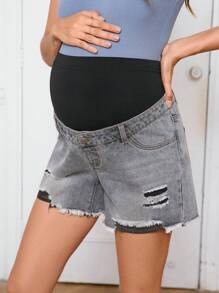 SHEIN Maternity Ripped Raw Hem Denim Shorts - Light Grey - View 6