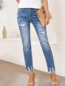 Women's Frayed Edge Denim Pants With Multiple Front Buttons And Pockets, Suitable For Daily Casual Wear