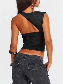 Women's Asymmetrical Neck Form-Fitting Sleeveless, Solid Color Versatile Tight Tank Top, Summer - Black - View 2