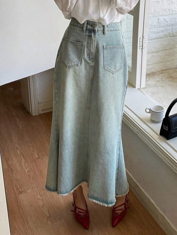 Women's Casual Frayed Hem Denim Mermaid Skirt, Spring/Summer/Autumn