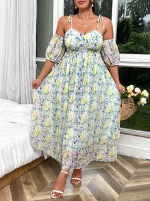 SHEIN Unity Plus Size Women's Open Shoulder Long Sleeve Floral Printed Pleated Dress, Ideal For Vacation - Green - View 1