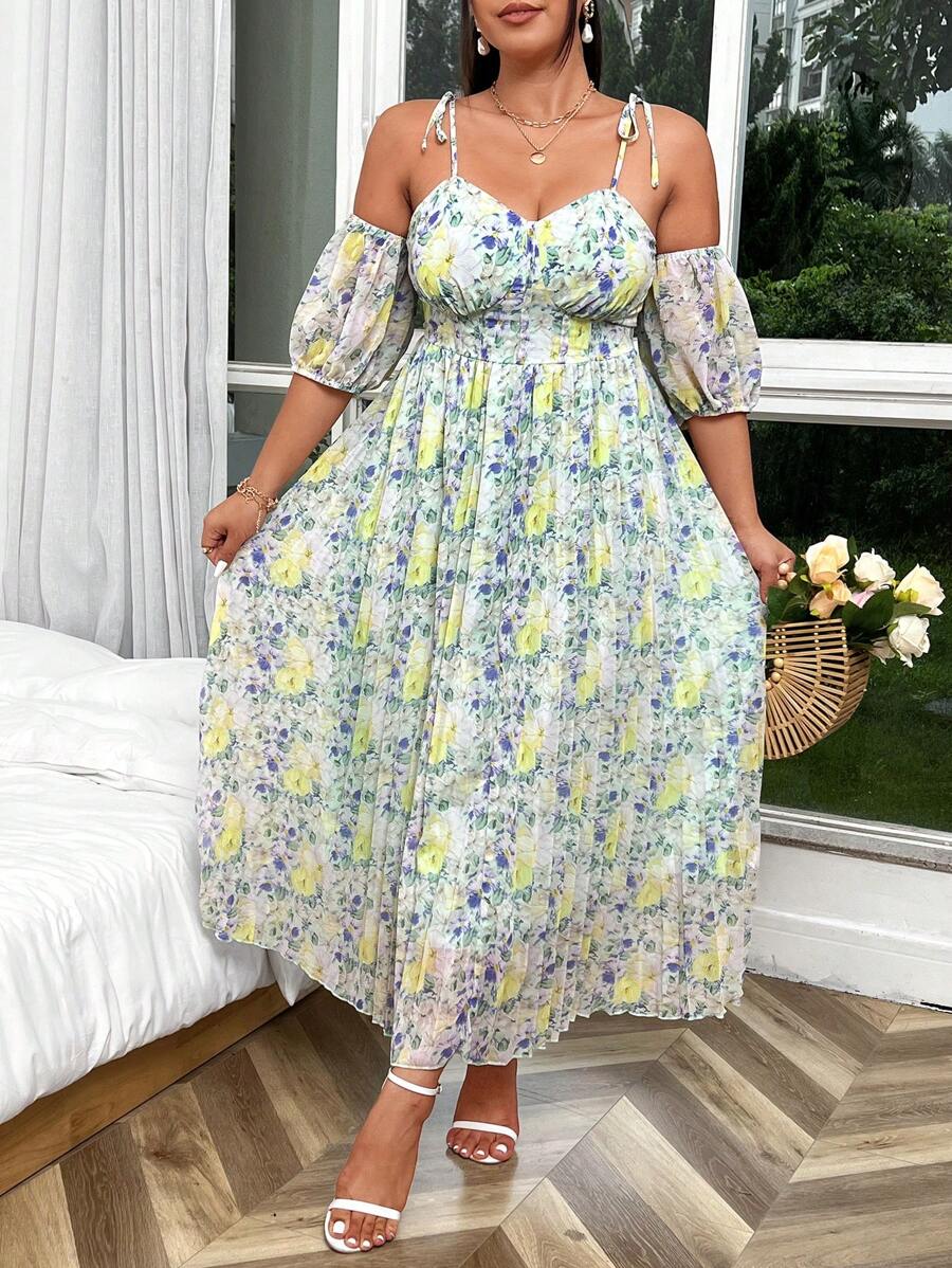 SHEIN Unity Plus Size Women's Open Shoulder Long Sleeve Floral Printed Pleated Dress, Ideal For Vacation - Green - View 1