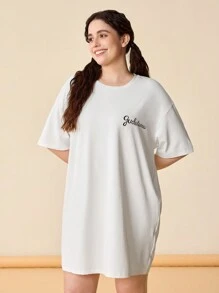 Gudetama X SHEIN 大尺碼休閒舒適寬鬆落肩白色T恤裙，印有蛋黃印花，適合夏季 - 白色 - 查看 3