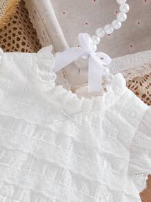 Vestido estilo princesa de unicolor para niñas pequeñas con cuello de encaje y manga corta para fiestas - Blanco - Ver 3