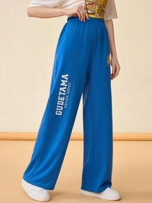 Gudetama X SHEIN 女士彈性腰卡通蛋和字母印花直筒運動長褲 - 藍色 - 查看 4