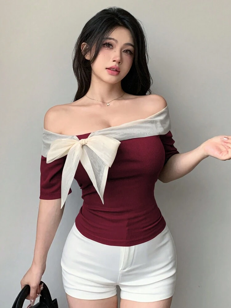 Women's Open Shoulder Bodycon Short Sleeve T-Shirt With Color Blocking & Bow Decor ,New Year Eve Summer,Off Shoulder Top Christmas