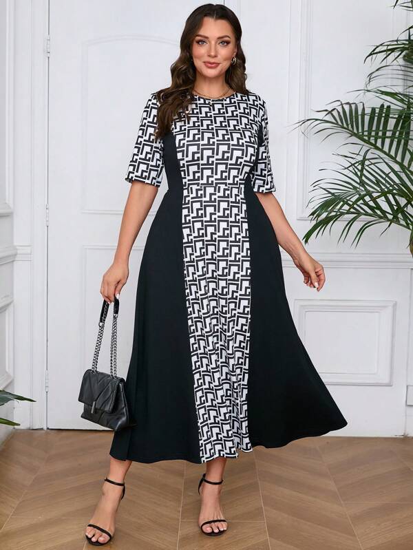Mulvari Plus Size Women's Geometric Printed Round Neck Short Sleeve Color Block Maxi Arabian Dress