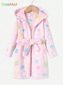 SHEIN Leap Crew Young Girl Star Print Hooded Belted Fuzzy Robe - Multicolor - View 1
