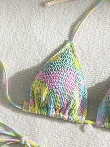 Tie Dye Smocked Halter Triangle Summer Beach Bikini Set - Multicolor - View 6