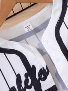 Tween Girl Striped & Letter Printed Front Button Short Sleeve Top, With Black Camisole Tank Top And Long Pants, Summer Streetwear Outfit - Black - View 3