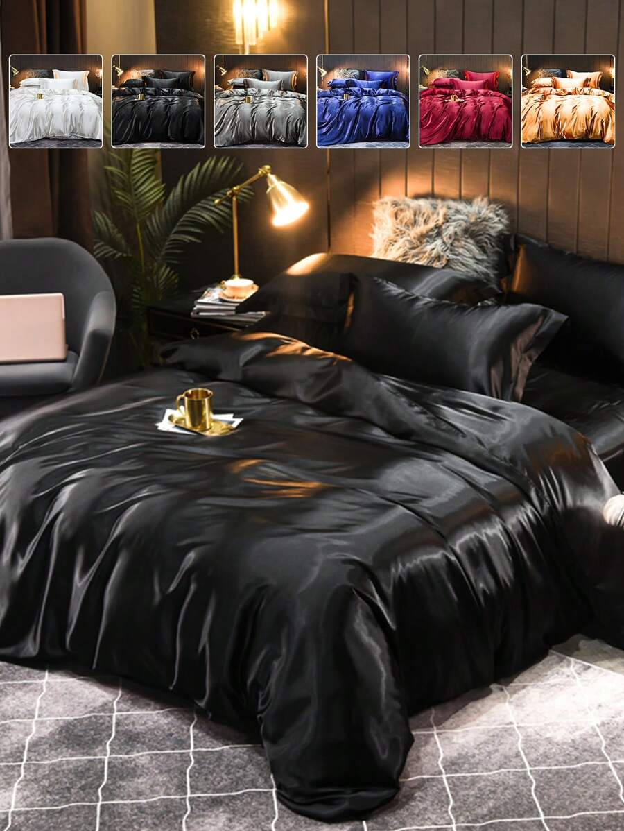 2/3件套缎面被套套装,床上用品套装,免熨烫被套套装,柔软亲肤,轻盈丝滑,提升睡眠质量,纯色系列,完美适配单人床、双人床、大号床、特大号床,四季皆宜(包含被套和半个枕套),秋季装饰,房间装饰 - 黑色 - 查看 1