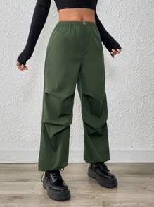 SHEIN Unity Loose Fit Drawstring Hem Casual Cargo Pants Back To School Clothes Fall Women Clothes - Army Green - View 6
