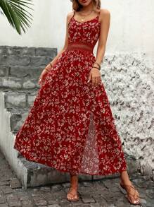 Robe slip fendue avec Top ourlet en dentelle ajourée, patchwork taille et imprimé floral discret, vacances