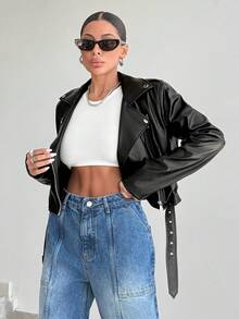 EURMUSE Zip Up Belted PU Leather Moto Jacket - Black - View 4