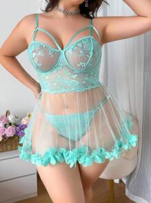 PetitDoll Plus Size Sexy Lace Contrast Mesh Lingerie Dress And Thong Set, 2pcs - Mint Green - View 4