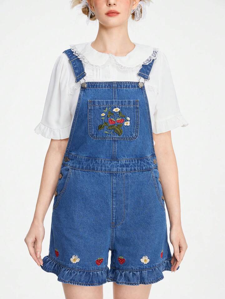 Our Kawaii Women's Casual Strawberry Floral Embroidery Denim Overalls For  Summer is such a vibe - ROMWE