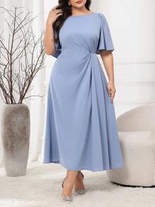Modelyn Plus Ruched Front Butterfly Sleeve Dress Long Evening Dresses - Blue - View 3