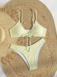 SHEIN Swim Women's Summer Beach Floral Printed Front Tie Sexy Bikini Set, Random Print - Yellow - View 4