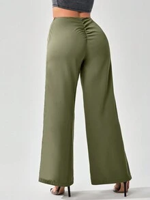SHEIN SXY 休閒軍綠色低腰V領寬鬆降落傘面料長褲 - 綠色 - 查看 3