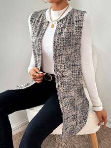 SHEIN Essnce Women's Allover Print Open Front Sleeveless Long Casual Regular Jacket  Back To School Clothes  Fall Clothes  Fall Outfits  Halloween Costume  Grey Jacket  Plaid  Teacher Clothes  Jacket  Coat  Graphic Jacket  Halloween Women Costumes  Business Women Clothes  Business Casual Jacket - Multicolor - View 4