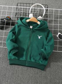 1入青少年休閒大學風寬鬆舒適連帽拉鍊運動衫，鹿刺繡，秋/冬季 - 墨綠色 - 查看 3