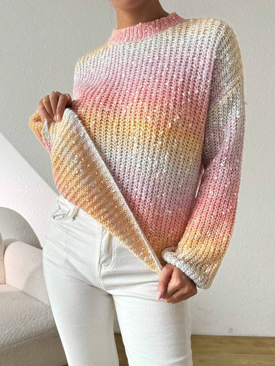 SHEIN Essnce Autumn Sweet Gradient Pink Sweater Women Loose Short Pullover Slouchy Striped Top - Multicolor - View 1