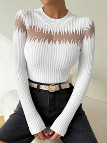 SHEIN Essnce 2024 neuer europäischer Herbst/Winter sexy durchsichtiger Strickpullover mit einzigartigem Design und Langarm, Langarm Oberteile - Weiss - Übersicht 6