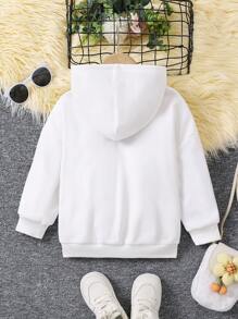 Young Girl Cute Floral Patched Pocket Drop Shoulder Drawstring Sweatshirt,In Fall/Winter - White - View 3