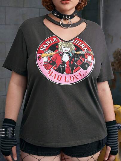 Harley Quinn X SHEIN Plus Size Edgy, Dark, Fashionable Grey Loose Knit Heart & Cartoon Character Graphic Hollow Out T-Shirt, Summer