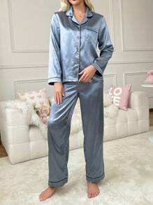 Women's Suit Collar Button Front Pocket Top & Sleep Pants Pajama Set, Fall Winter Clothes