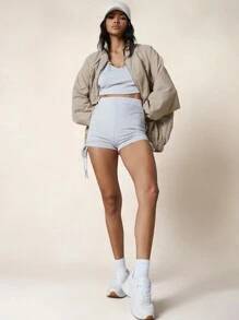 MISSGUIDED Long Windbreaker Bomber Jacket With String Details - Khaki - View 4