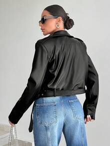 EURMUSE Zip Up Belted PU Leather Moto Jacket - Black - View 6