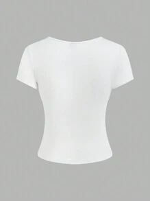 SHEIN EZwear Camiseta de verano para mujer con cuello de muesca y pliegues con unicolor, conjunto de 3 - Verde Oscuro - Ver 8