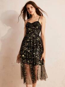 Chiquease Váy Cami xuyên thấu lưới xuyên thấu tinh tế và thanh lịch với họa tiết lá ngẫu nhiên - màu đen - Xem 7