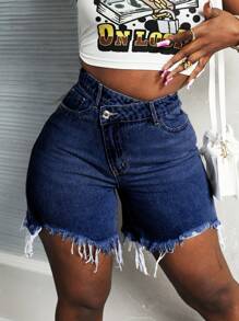 SHEIN Slayr Shorts asymétriques en jean déchirés à taille haute pour femmes - Jean brut - Voir 1