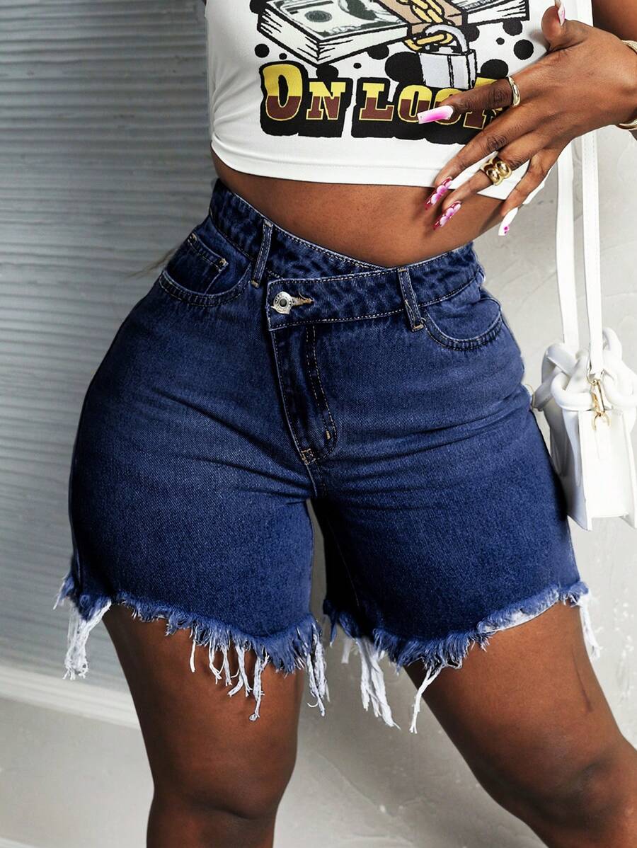 SHEIN Slayr Shorts asymétriques en jean déchirés à taille haute pour femmes - Jean brut - Voir 1