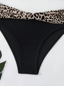 Swim Basics 女士夏季海灘豹紋拼接扭結束口比基尼套裝 - 黑色 - 查看 6