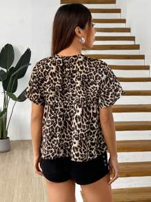 SHEIN EZwear Leopard Print Woven Women's Round Neck Summer Short Sleeve Shirt,Short Sleeve Tops - Multicolor - View 2