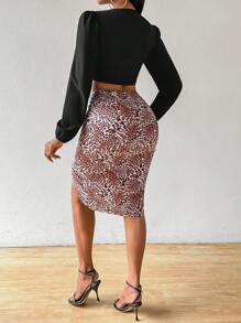 Zolique Tie Front Crop Top & Leopard Print Split Thigh Skirt - Multicolor - View 2