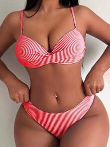 SHEIN Swim Bộ bikini sọc ngang phía trước gợi cảm cho nữ, trang phục đi biển mùa hè - Nhiều màu - Xem 1