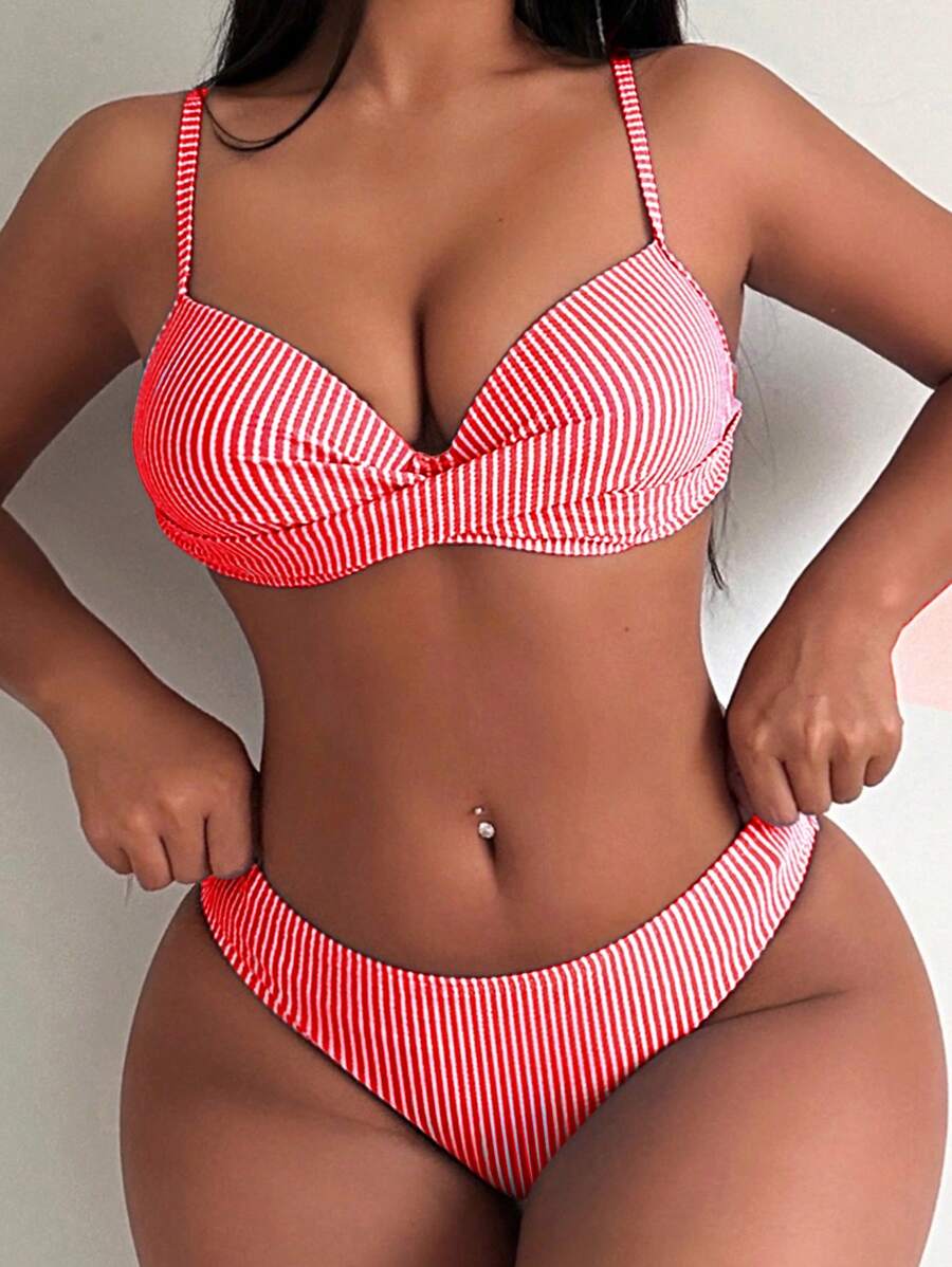 SHEIN Swim Bộ bikini sọc ngang phía trước gợi cảm cho nữ, trang phục đi biển mùa hè - Nhiều màu - Xem 1