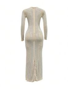 性感夜店鑲有水晶的透視網眼閃粉女裝連衣裙 - 杏色 - 查看 4